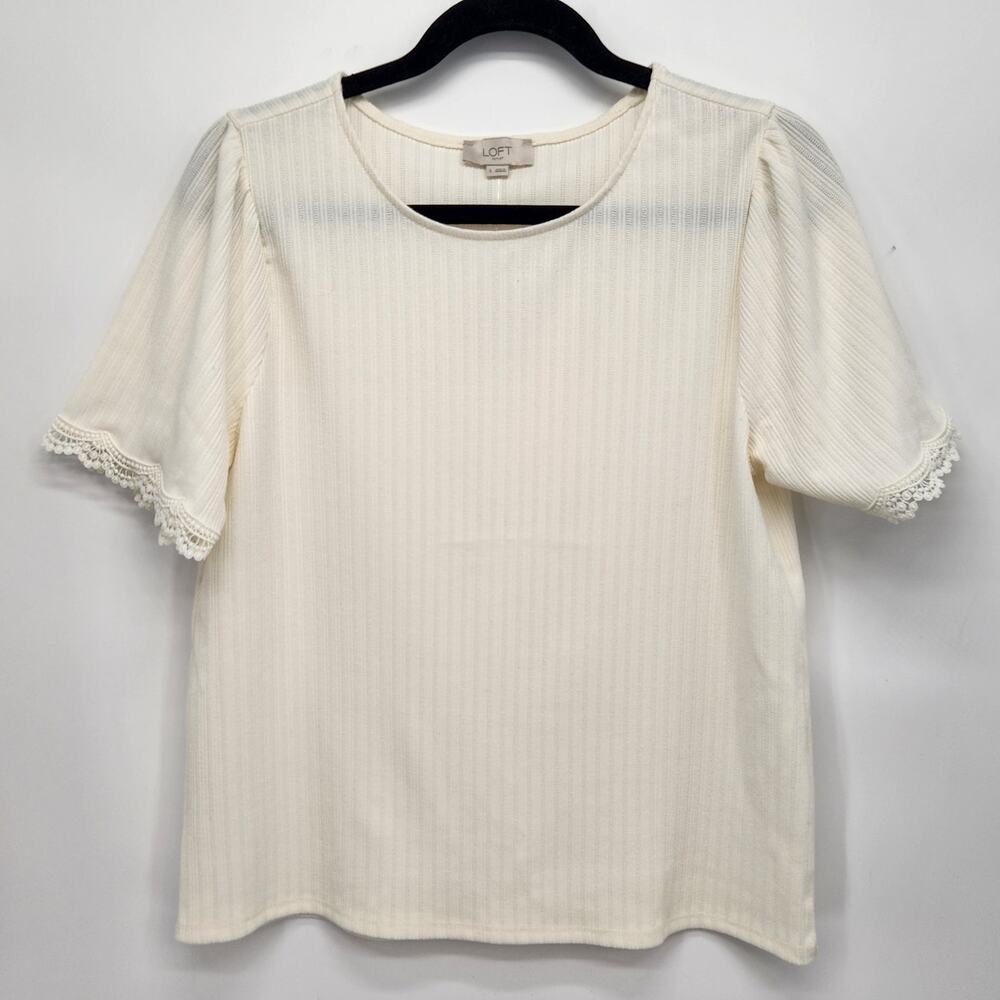 NWT Loft Ivory‎ Lace Trimmed Ribbed Pullover Top Women's L